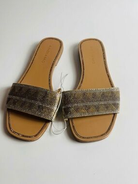 Andiamo Gold Rhinestone Embellished Square Toe Flat Slide Sandals Size 6.5